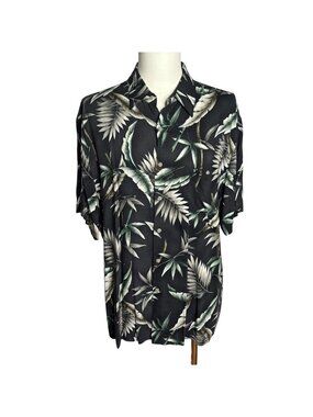 Campia Moda Button Up Hawaiian Camp Shirt Large Black Floral Short Sleeve Pocket